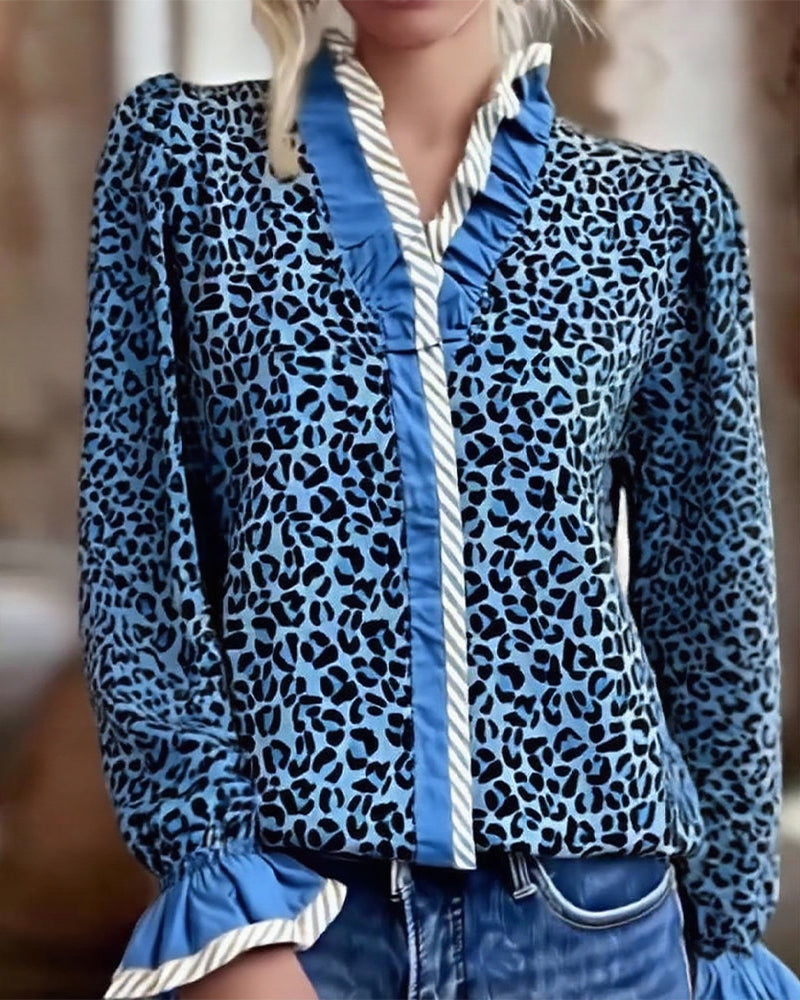 Camicetta casual a maniche lunghe con stampa leopardata