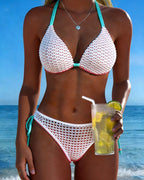Bikini a Fasce Colorate con Inserti in Mesh e Allacciatura all'Americana