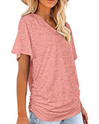 T-shirt Plissé Monocromatico con Scollo a V