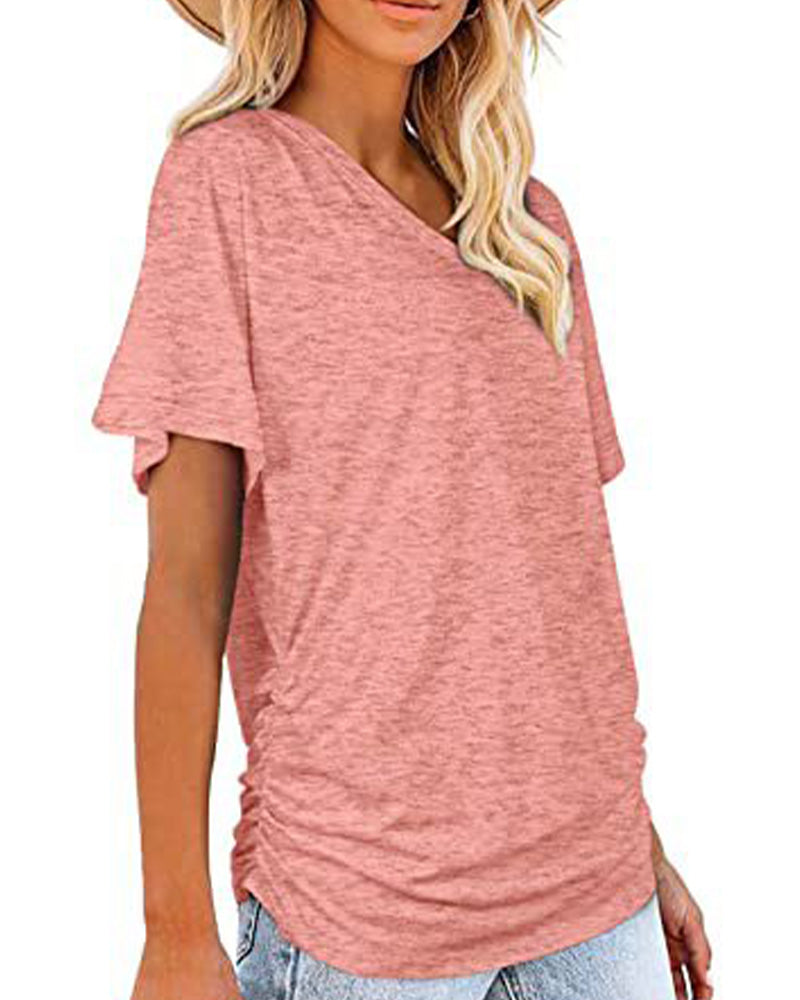 T-shirt Plissé Monocromatico con Scollo a V