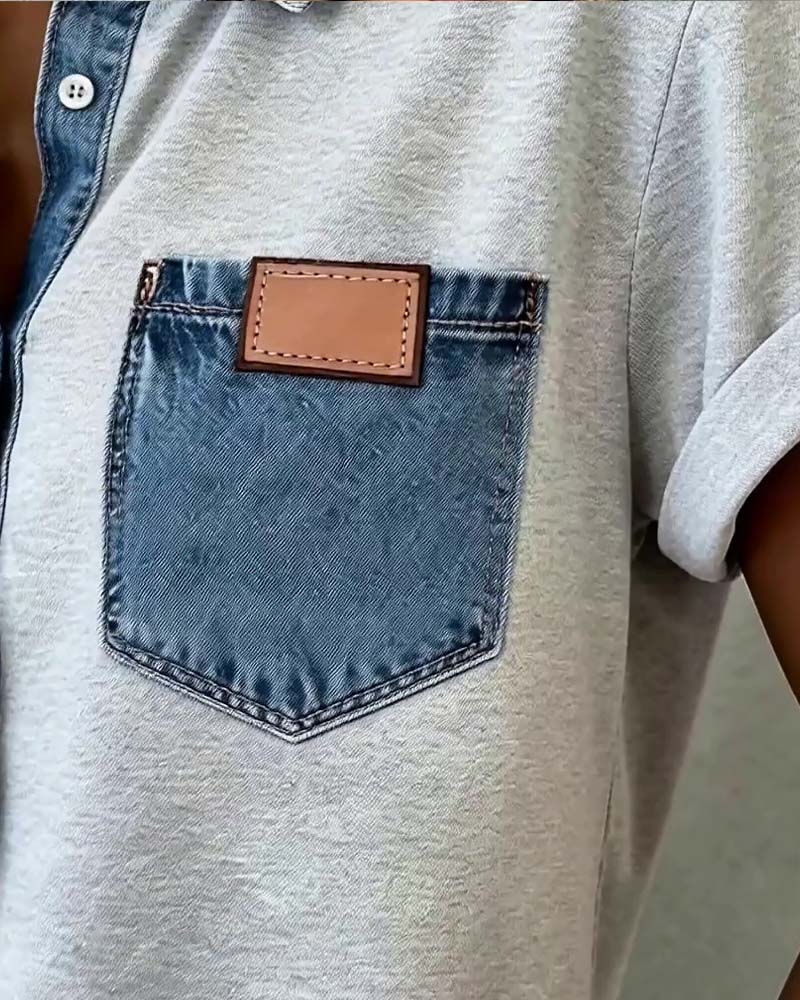 T-Shirt Denim Patchwork con Risvolto