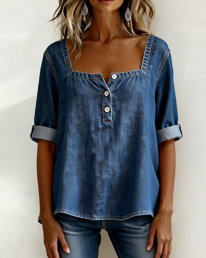 Camicia con Colletto Quadrato in Denim a Mezza Manica