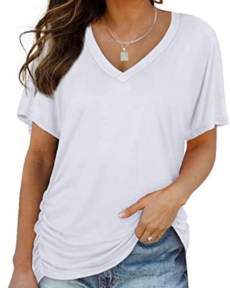 T-shirt Plissé Monocromatico con Scollo a V