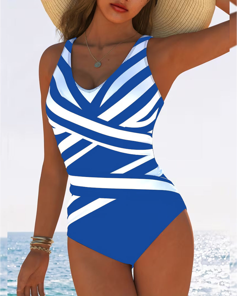 Costume da bagno intero casual a righe con scollo a V