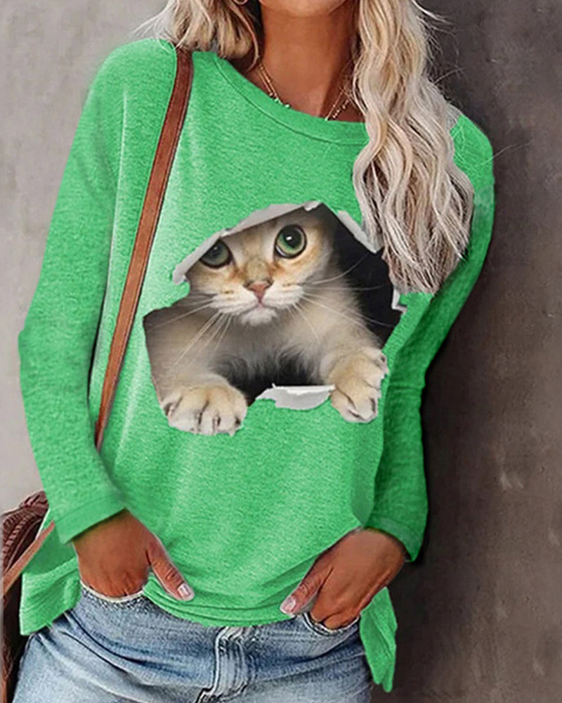 Maglia a maniche lunghe con stampa gatto