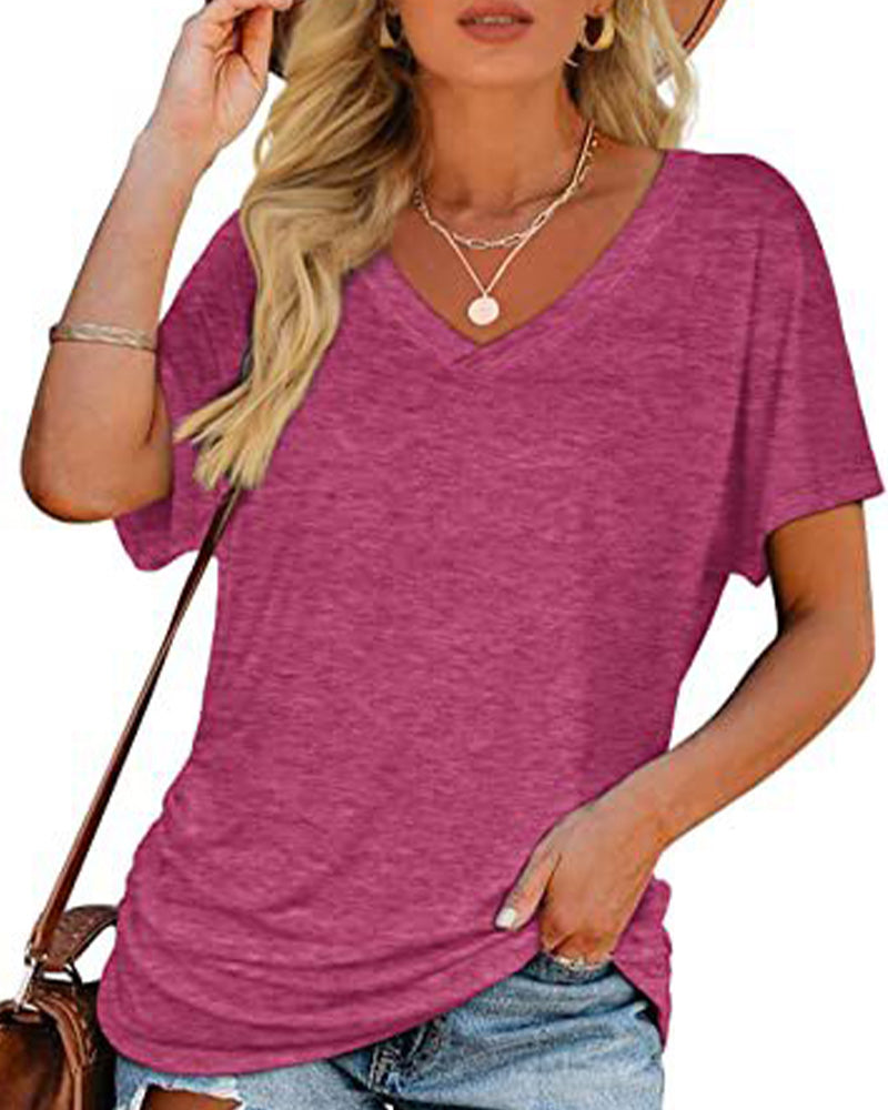 T-shirt Plissé Monocromatico con Scollo a V