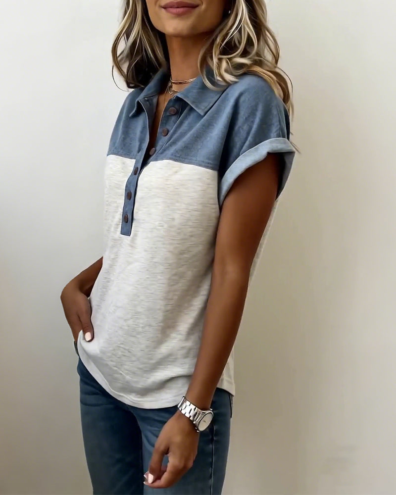 T-Shirt Abbottonatura Patchwork Collo Rovesciato