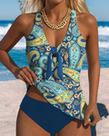 Tankini con scollo a V e spalline incrociate stampato
