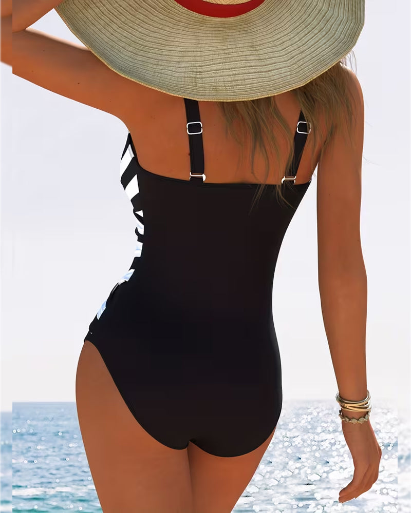 Costume da bagno intero casual a righe con scollo a V