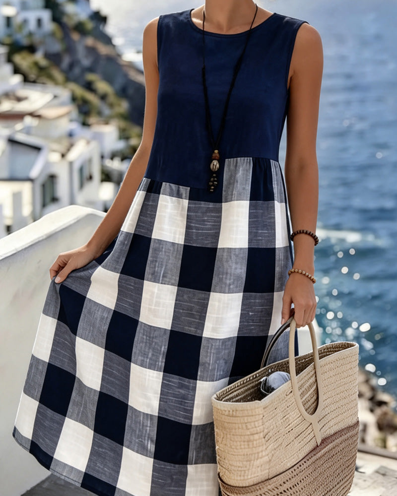 Vestito a Schiena Scoperta con Stampa Patchwork a Quadri Senza Maniche