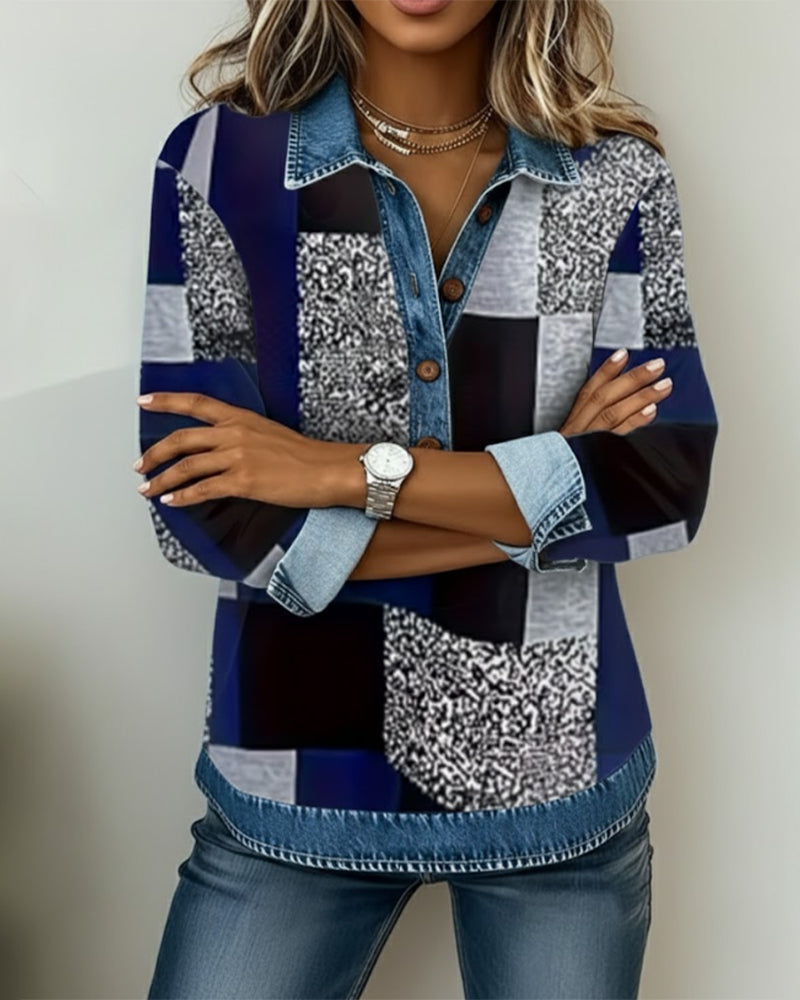 Felpa in denim patchwork stampato casual