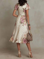 Alba - Abito midi elegante retrò in raso floreale