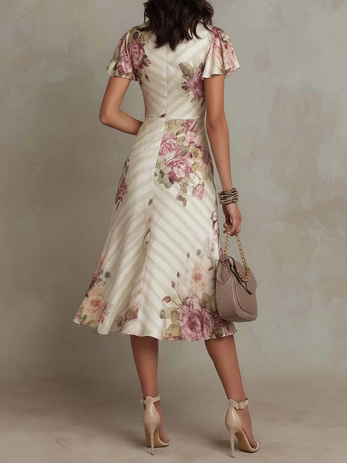 Alba - Abito midi elegante retrò in raso floreale