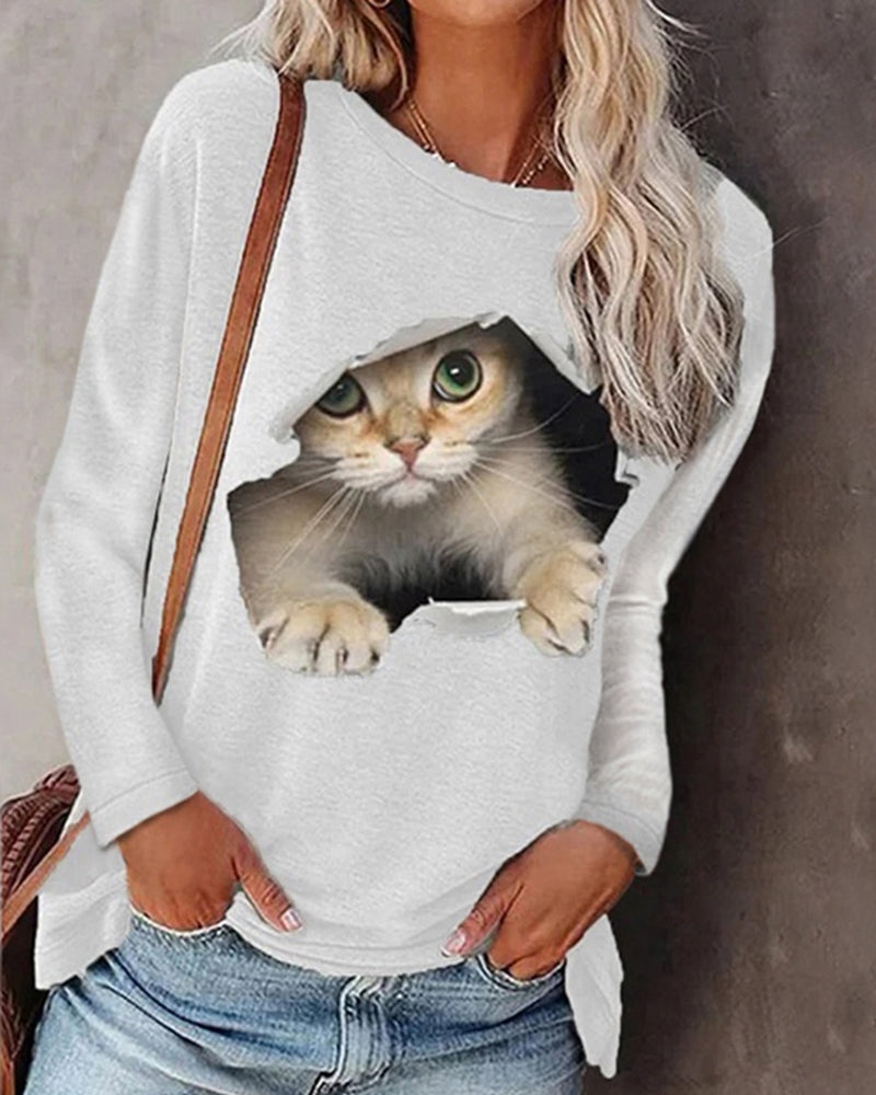 Maglia a maniche lunghe con stampa gatto