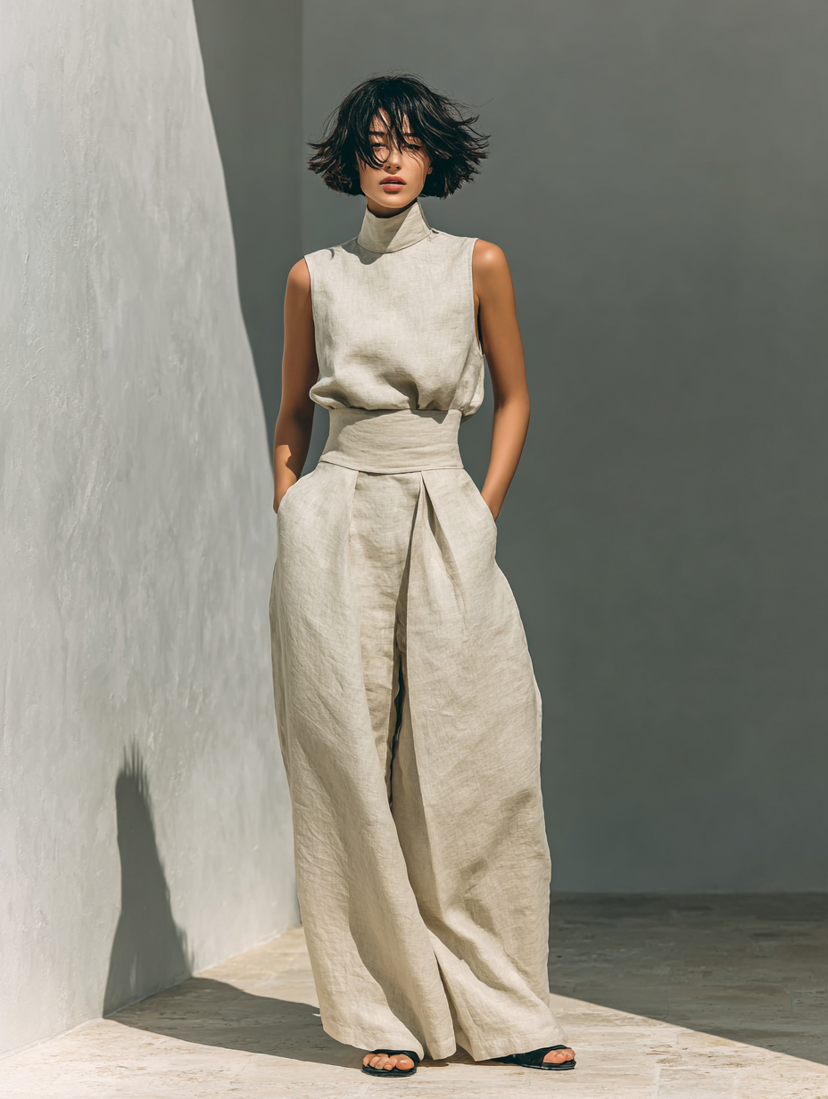 Set composto da blusa senza maniche e pantaloni a gamba larga in misto cotone e lino.