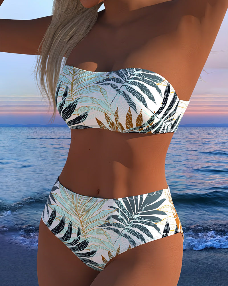 Bikini a fascia con stampa botanica tropicale