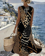 Vestito lungo senza maniche con stampa leopardata patchwork
