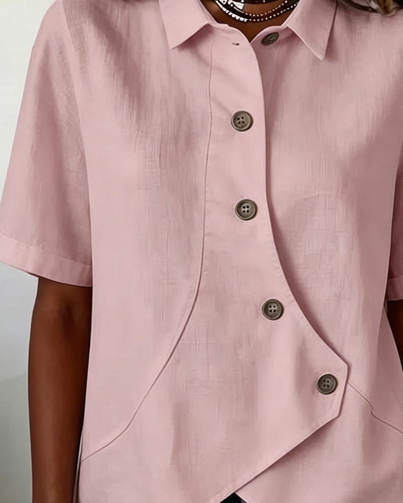 Camicia con Patta in Cotone-lino Asimmetrica abbottonata