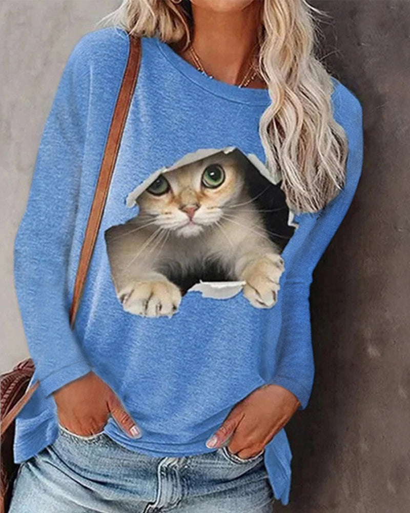 Maglia a maniche lunghe con stampa gatto