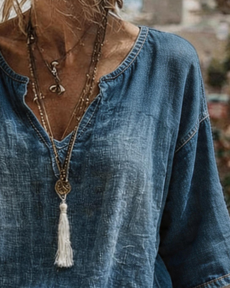 Top con scollo a V in denim a mezza manica