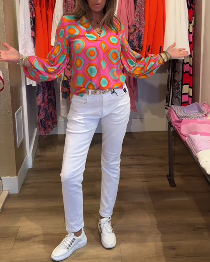 Blusa casual a maniche lunghe con stampa geometrica