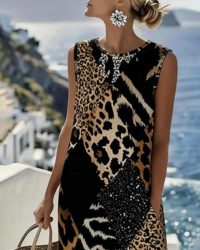 Vestito lungo senza maniche con stampa leopardata patchwork