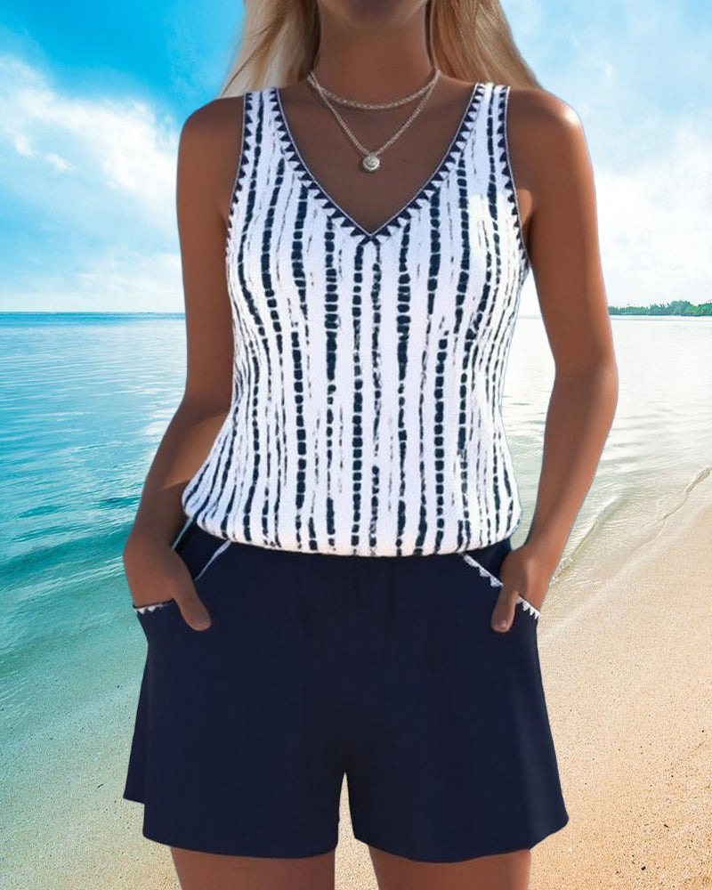 Costume da bagno casual a due pezzi con scollo a V e stampa a tasche