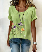 T-shirt floreale con stampa, girocollo, manica corta