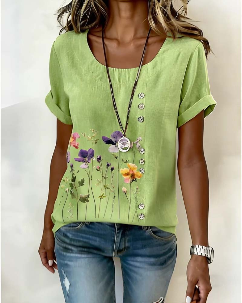 T-shirt floreale con stampa, girocollo, manica corta