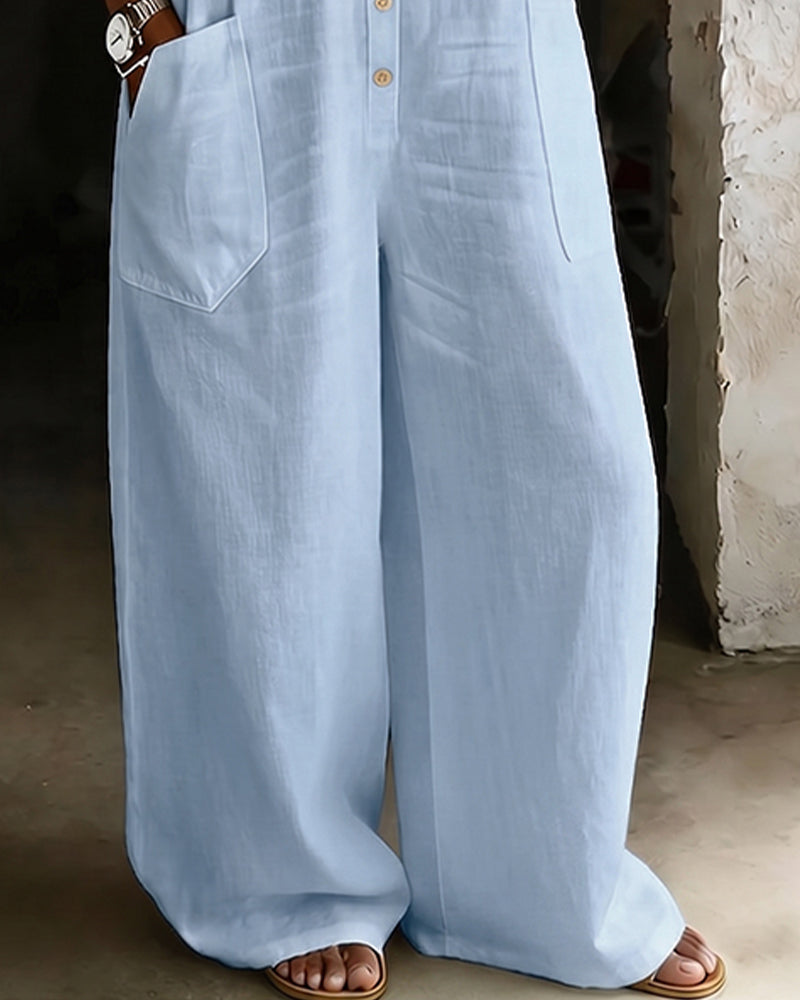 Tuta intera 100% cotone collo a revers casual gamba larga