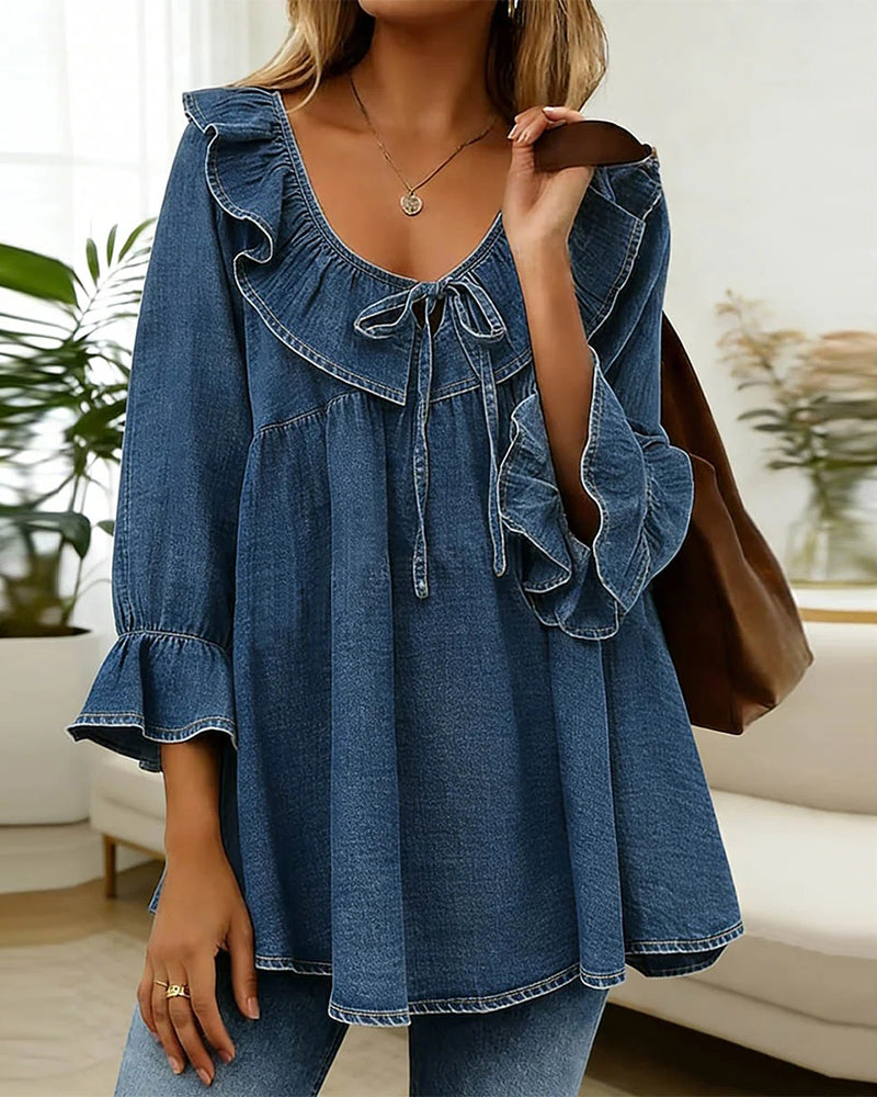 Camicetta Con Fiocco E Volant In Denim Con Scollo Rotondo