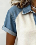 T-Shirt Denim Colore Blocco Manica Corta