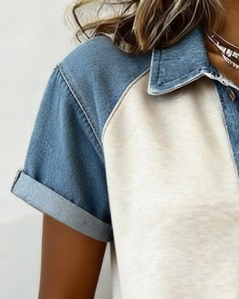 T-Shirt Denim Colore Blocco Manica Corta