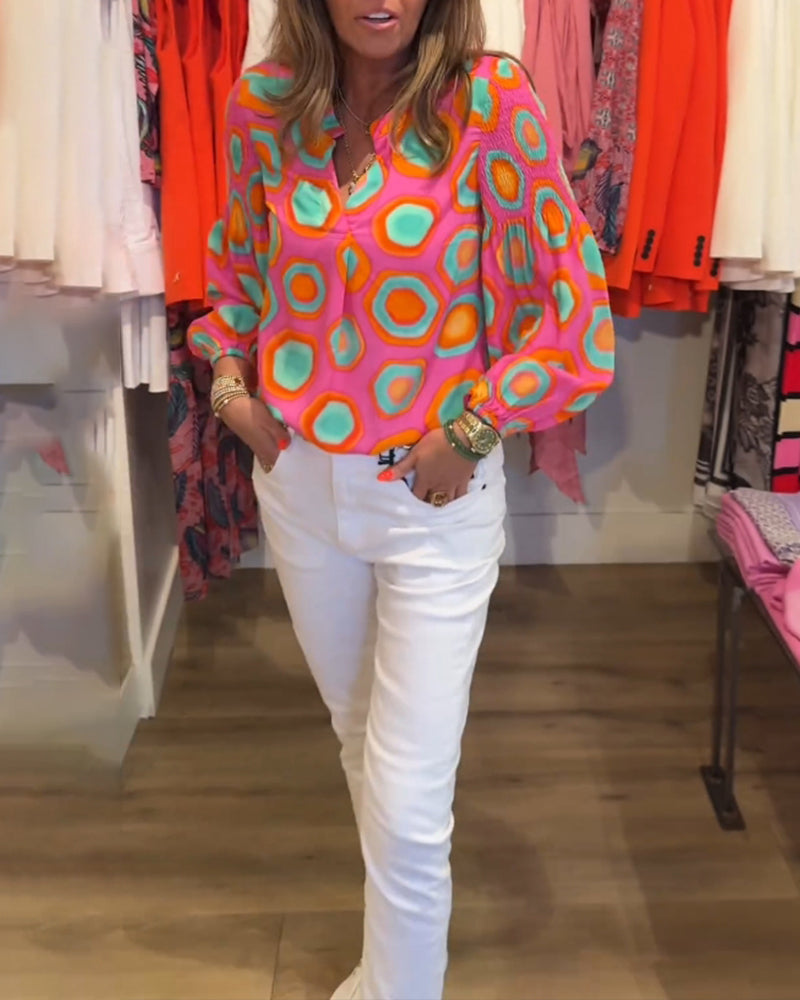 Blusa casual a maniche lunghe con stampa geometrica
