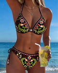 Costume da bagno bikini due pezzi con nodo al collo, fantasia floreale etnica
