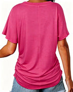 T-shirt Plissé Monocromatico con Scollo a V