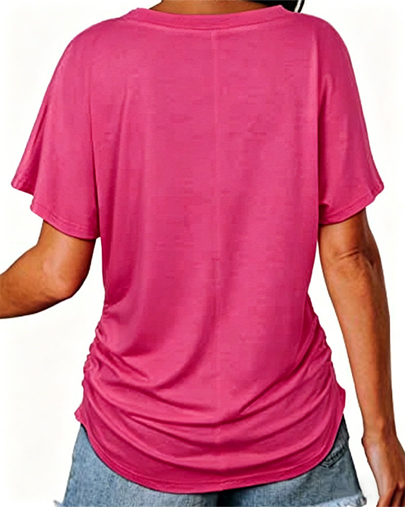 T-shirt Plissé Monocromatico con Scollo a V