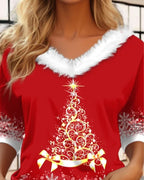 Maglia peluche con scollo a V e stampa albero di Natale