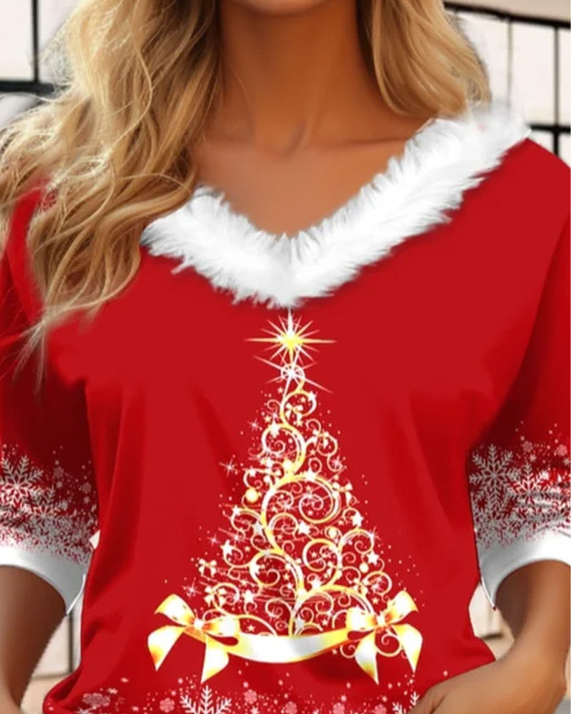Maglia peluche con scollo a V e stampa albero di Natale