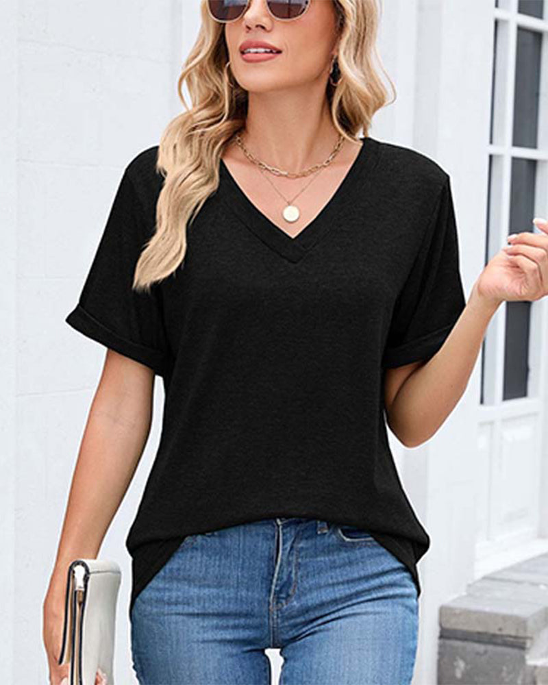 T-shirt a tinta unita con scollo a V casual a maniche corte