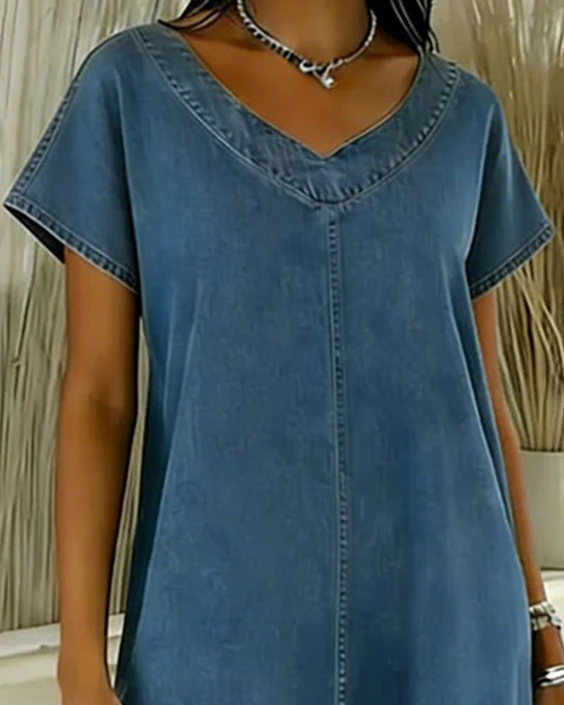 Abito Casual Scollo a V Manica Corta in Denim