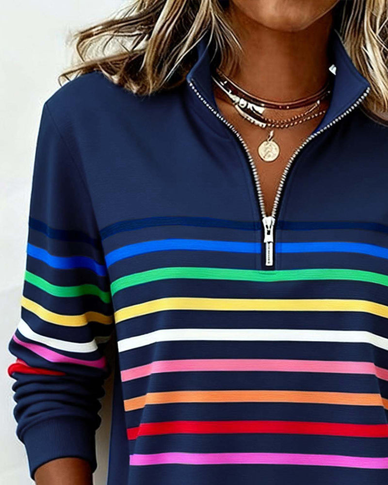 Felpa con mezza zip e strisce arcobaleno alla moda