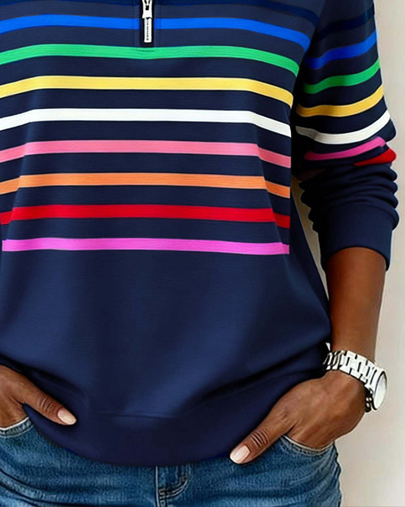 Felpa con mezza zip e strisce arcobaleno alla moda
