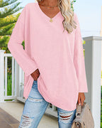 T-shirt donna tinta unita scollo a V maniche lunghe
