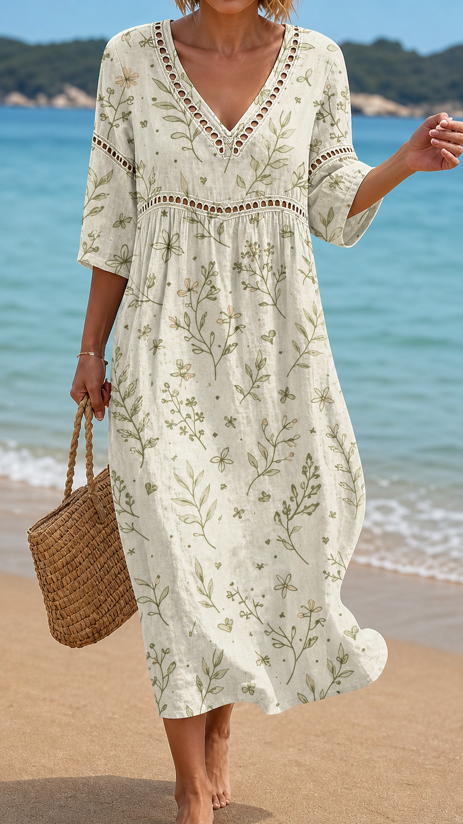 Teresa | Vestito da Spiaggia Effetto Lino con Motivo Botanico