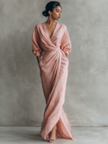 Vestito lungo minimalista rosa con scollo a V in misto lino da donna
