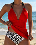 Tankini con bretelle sottili e allacciatura al collo a coste