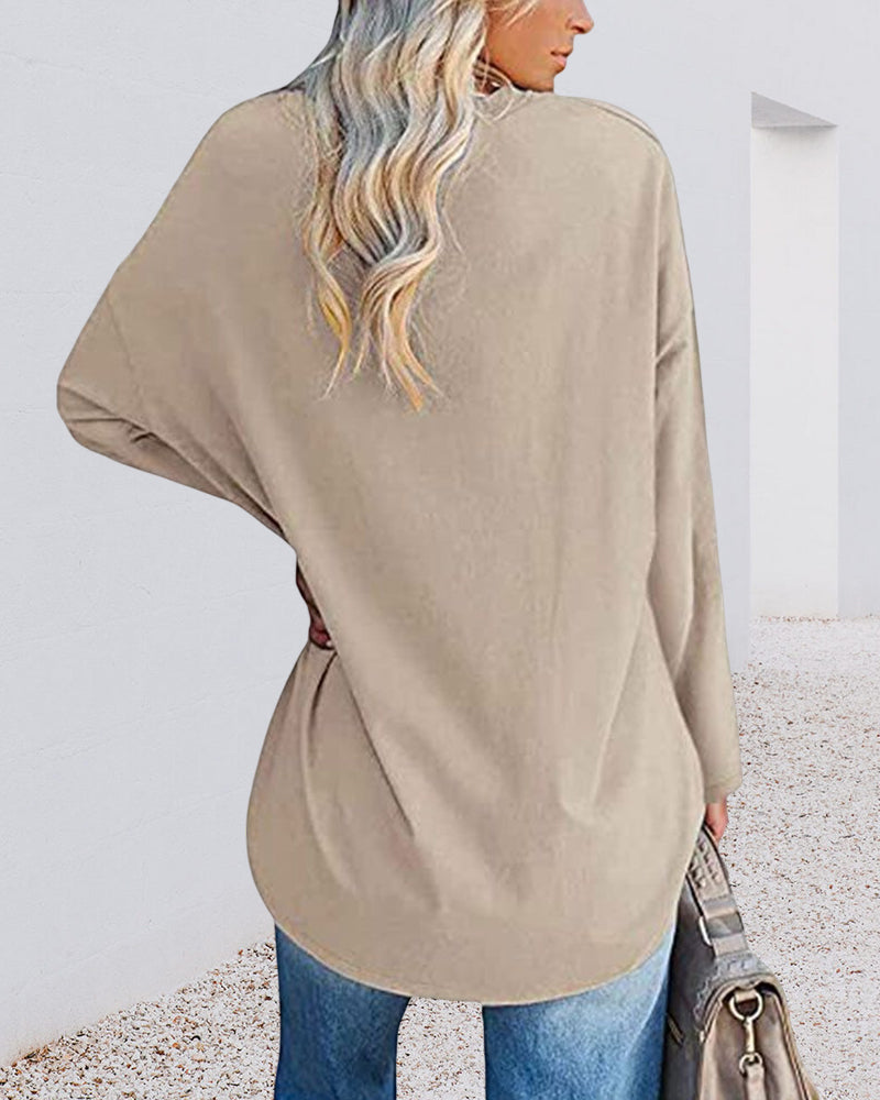 T-shirt donna tinta unita scollo a V maniche lunghe