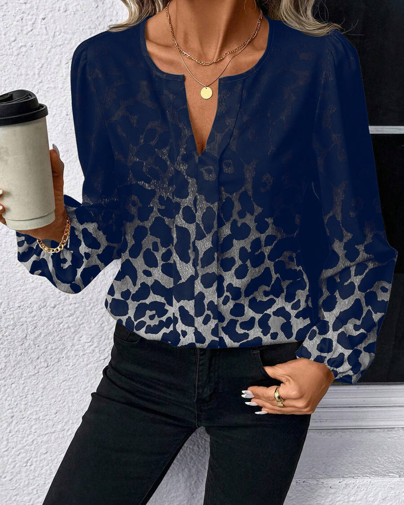 Camicia maniche a sbuffo sfumata stampa leopardata