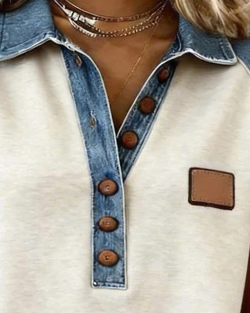 T-Shirt Denim Colore Blocco Manica Corta